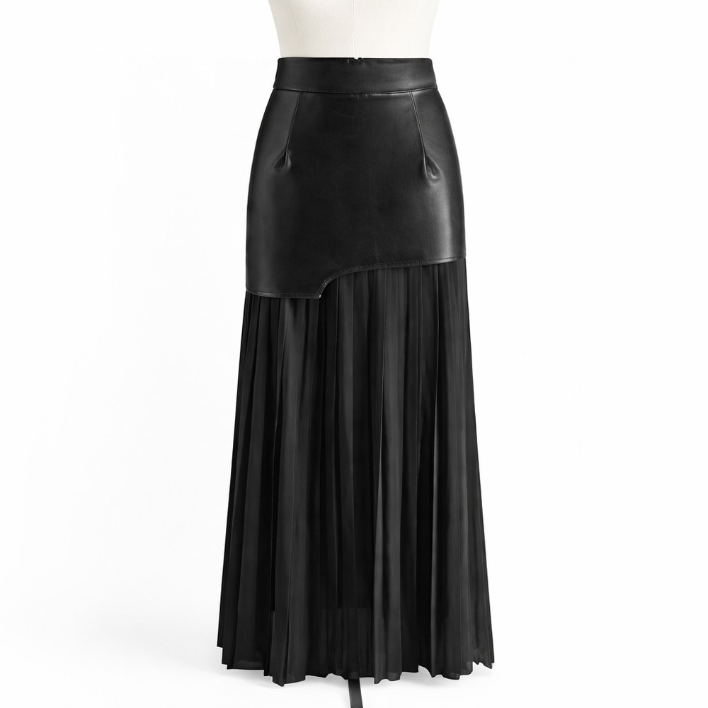 Commense Black Faux Leather Pleated Maxi Skirt XS Asymmetric Dark Whimsygoth